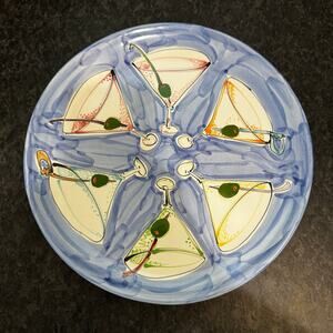 Hand Painted Martini Glass Platter Signed Pugh Retro Barware Art Pottery heavy